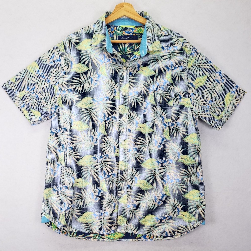 Tommy Bahama Hawaiian Reverse Print Seersucker Shirt Mens Sz L Short Sleeve